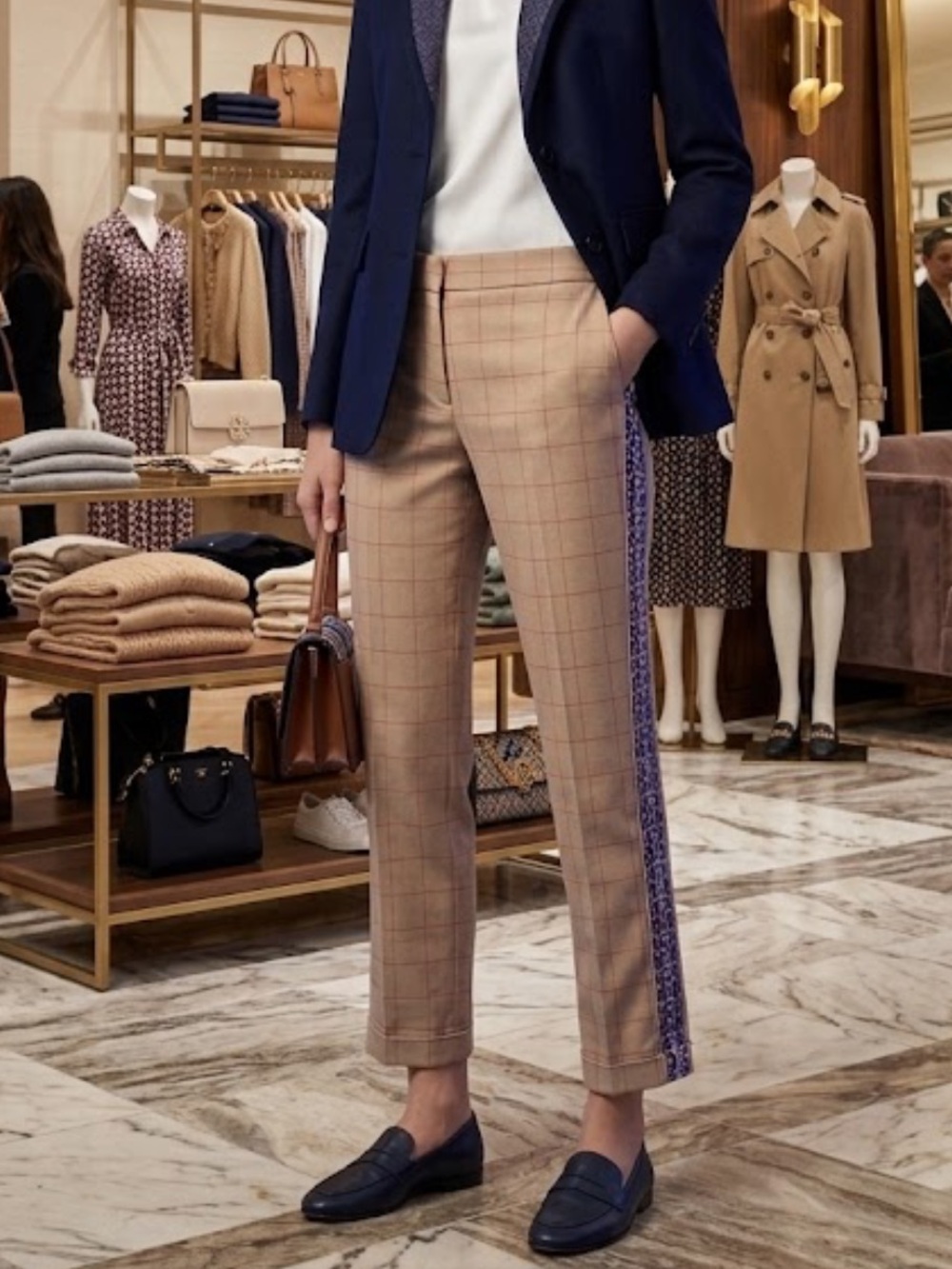 Tory Burch Women's Wool Blend Tan Check Tuxedo Stripe Crop Pants Sz 2